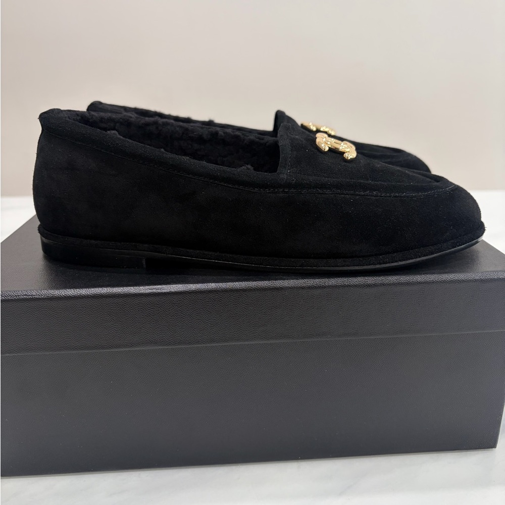 CHANEL Black Suede Loafers with Gold CC Emblem - Picture 4 of 8